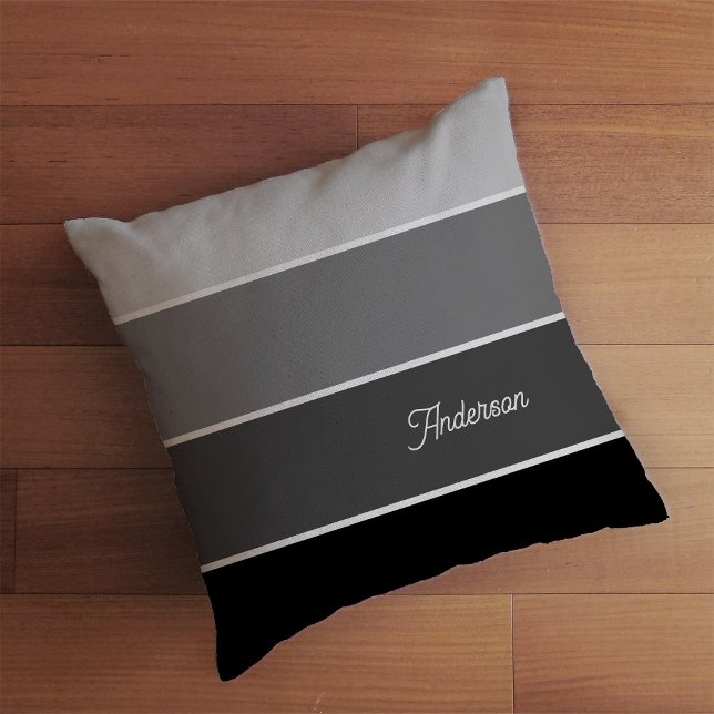 Almofada Preto e Cinza | Rascunhos com Script (A neutral black and gray striped pillow with your name in script)