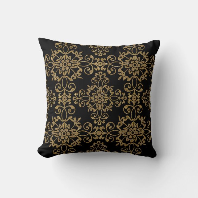 Almofada Preto Elegante com Design Dourado de Damasco com L (Frente)