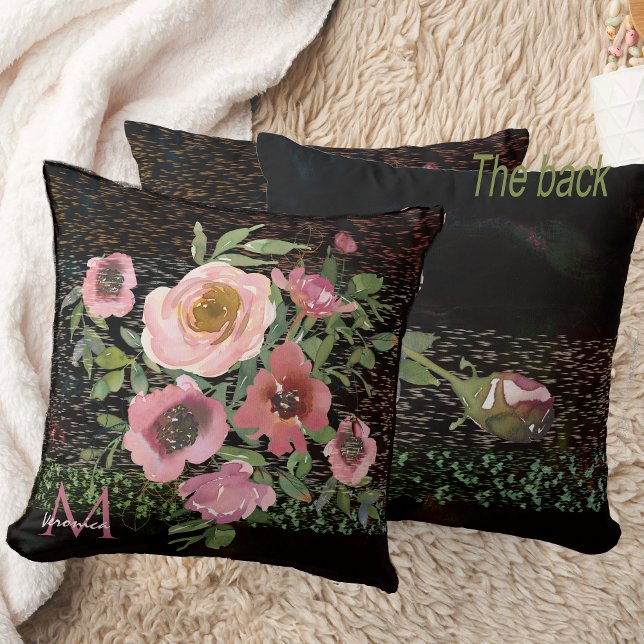 Almofada Preto Floral Rosa (Pink floral black throw pillow double -sided)