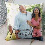 Almofada Preto Sobreposição 2 Fotografia do Script Personal<br><div class="desc">Travesseiro de fotos da família personalizada com uma camada de texto elegante. O modelo de foto está configurado para você adicionar suas próprias fotos - uma da frente e outra no verso. A frente também tem a sobreposição de texto que você pode personalizar com seu nome de família. A família...</div>