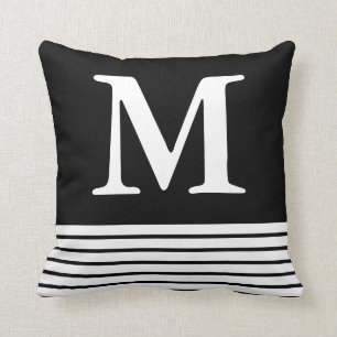 Almofada Preto Sólido Com Faixa B/W Monograma Personalizad
