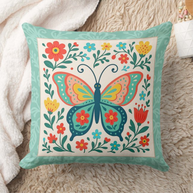 Almofada Pretty Folk Art Butterfly  (Cobertor)