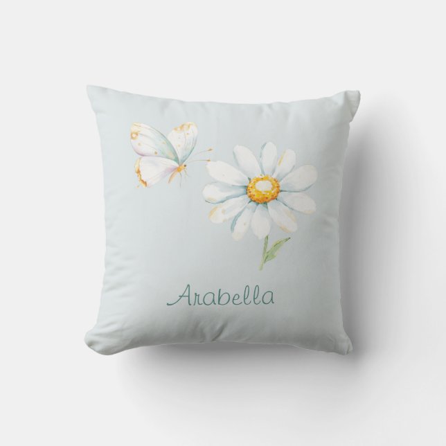 Almofada Pretty Pastel Watercolor Butterfly and Daisy (Frente)