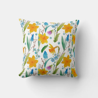 Almofada Primavera amarelo Daffodil flor azul decorativo