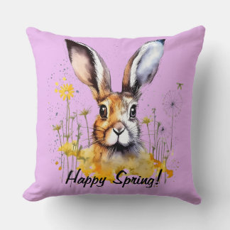 Almofada Primavera Floral Bunny feliz com Dandelions amarel
