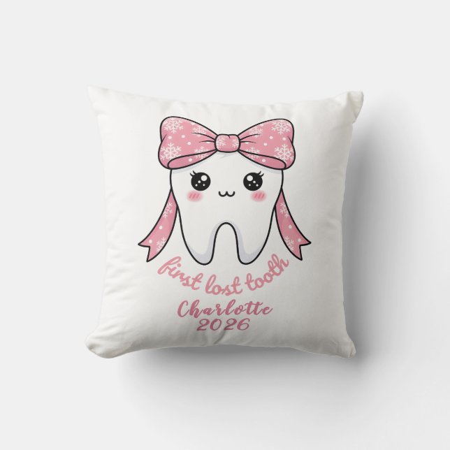 Almofada Primeiro Dente de Bebê Laço Rosa Kawaii Milestone (Frente)