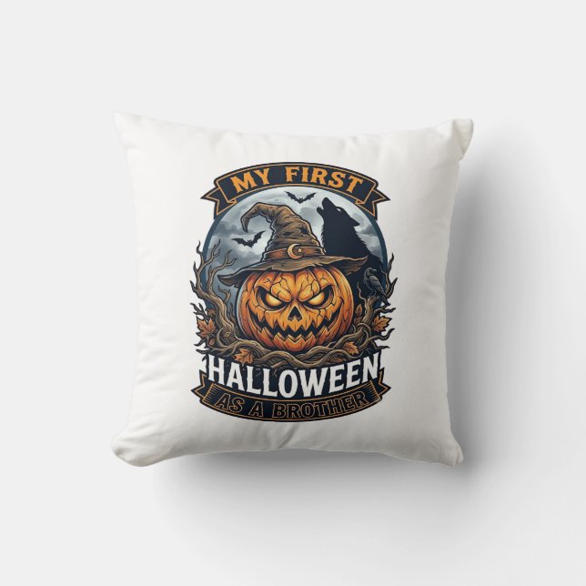 Almofada Primeiro Halloween como Irmão Pumpkin Wolf Moon_1 (Frente)