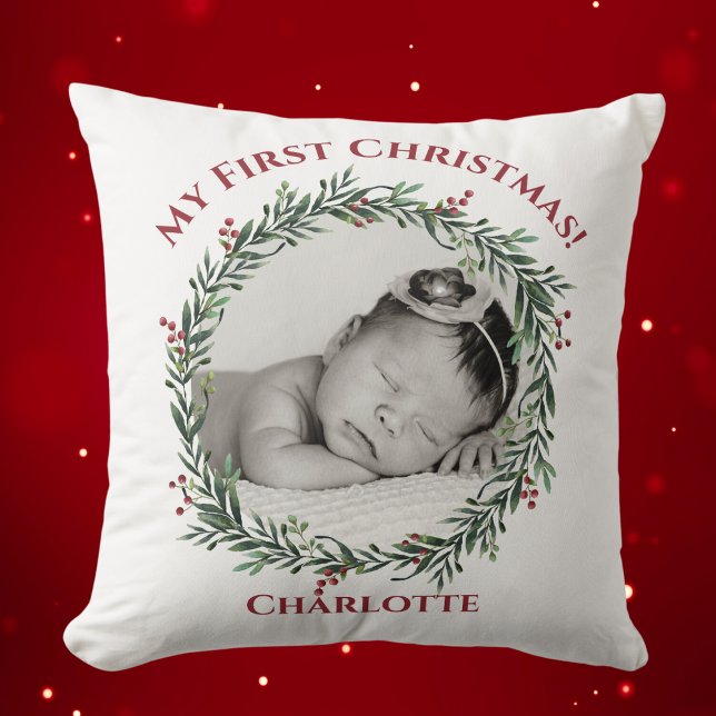 Almofada Primeiro Natal, Foto de Bebê, Nome (First Christmas, Baby Photo, Name Throw Pillow)