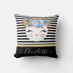 Almofada princesa gatinho rosa dourada floral branco preto 