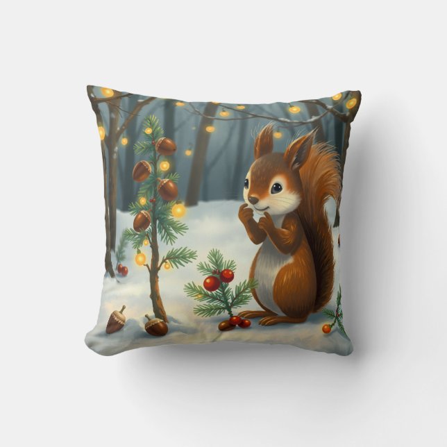 Almofada Pronto para o Natal com o esquilo vermelho nos bos (Frente)