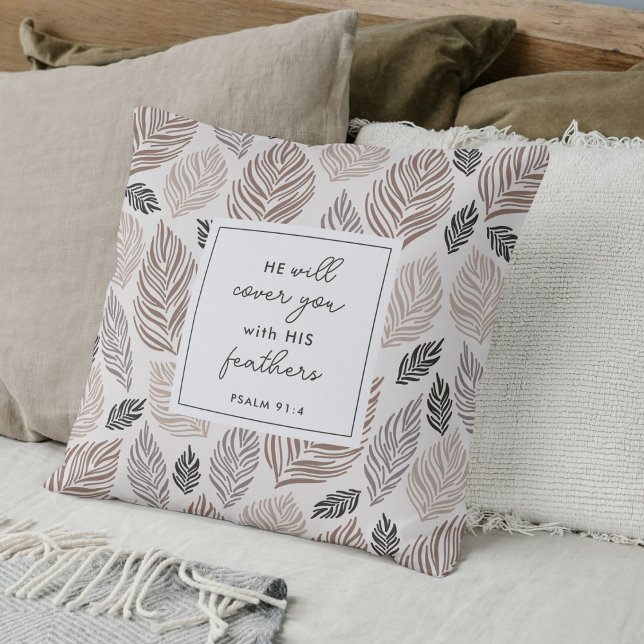 Almofada Psalm 91:4 Oração Personalizada Gift Modern (Modern Christian prayer pillow with Psalm 91:4 and a heartfelt poem.)