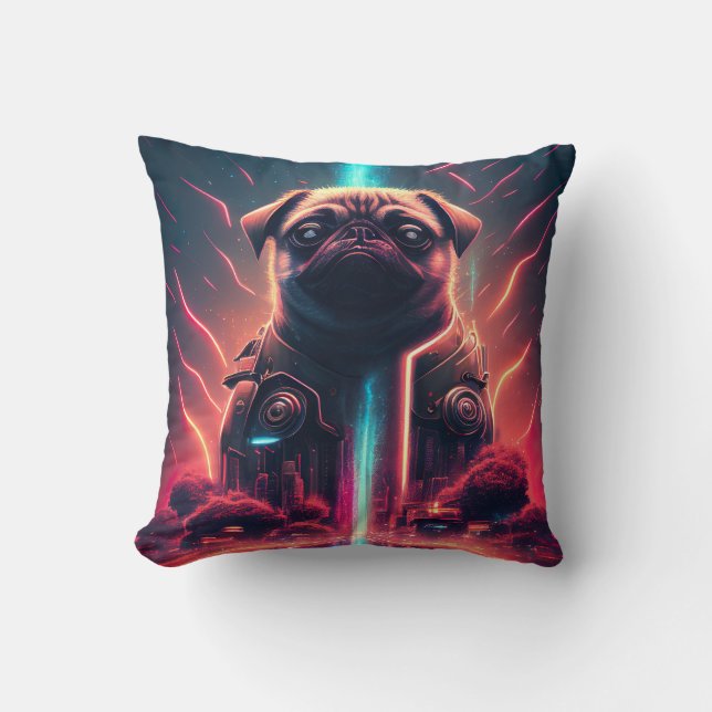 Almofada Pug Adorável com Fantasia de Robô Futurista (Frente)