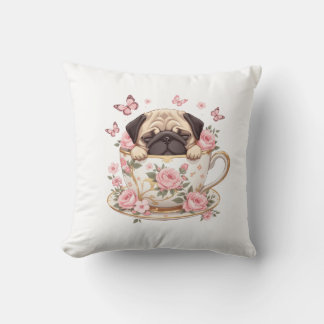 Almofada Pug Blossom Dreams Throw Pillow – Cute Floral Pug 