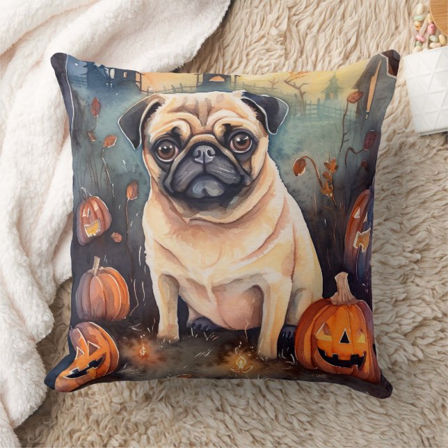 Almofada Pug De Halloween Com Pumpkins Assustado (Cobertor)