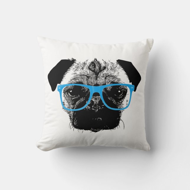 Almofada Pug Nerdy no hipster azul dos vidros (Frente)