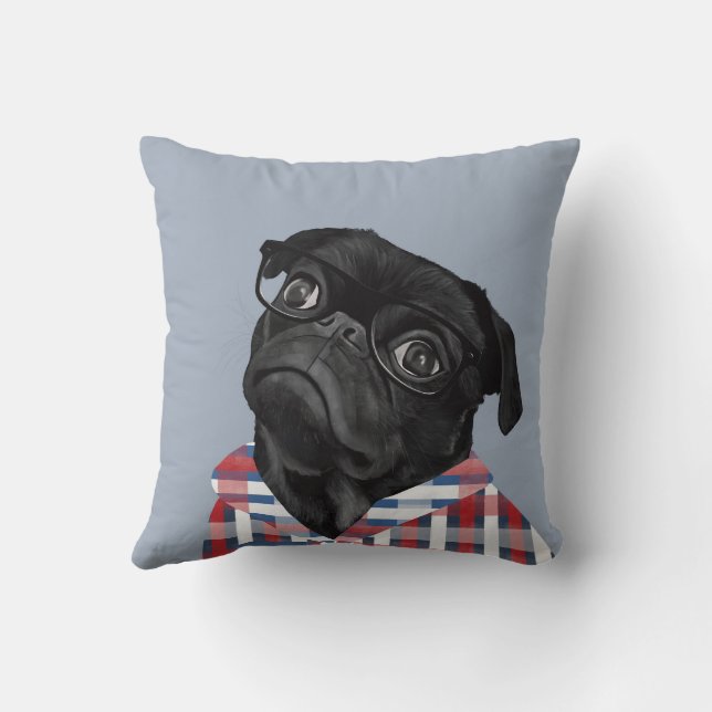 Almofada Pug Preto Cachorro com Óculos e Camisa (Verso)