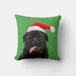 Almofada Pug Preto Engraçado Chapéu de Papai Noel Língua Pa