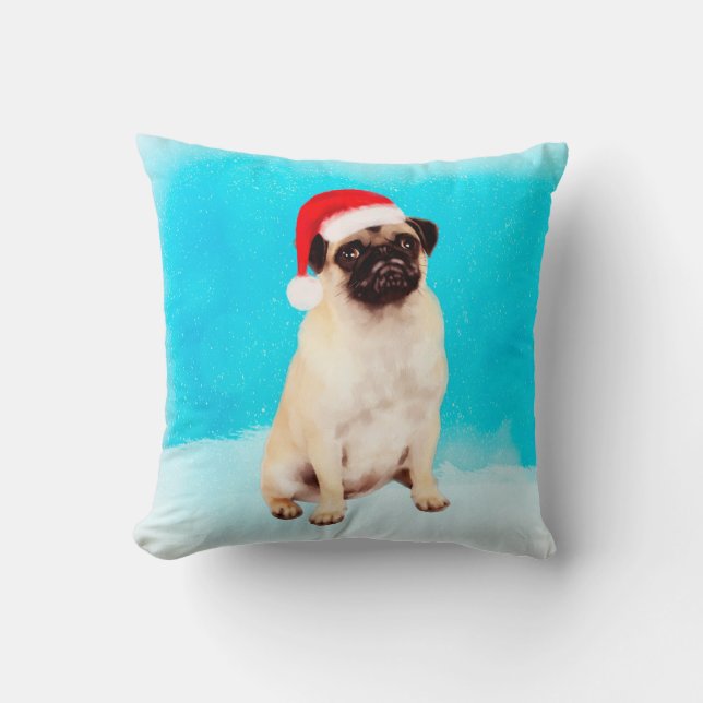 Almofada Pug Sentado na neve com Papai Noel de Natal (Frente)