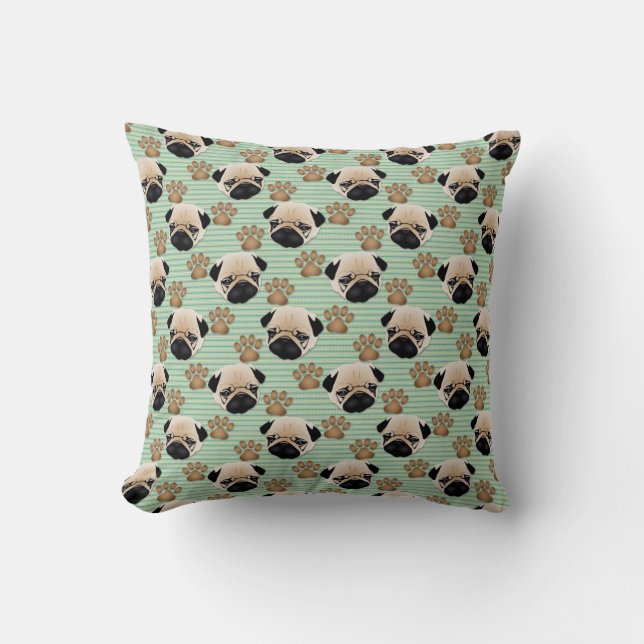 Almofada Pugs e patas em faixas verdes (Frente)