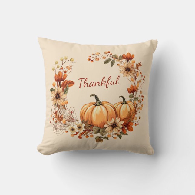 Almofada Pumpkin agradecido e Flores de outono (Frente)