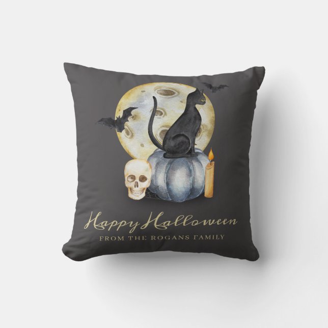 Almofada Pumpkin de Gato de Feliz Halloween (Frente)