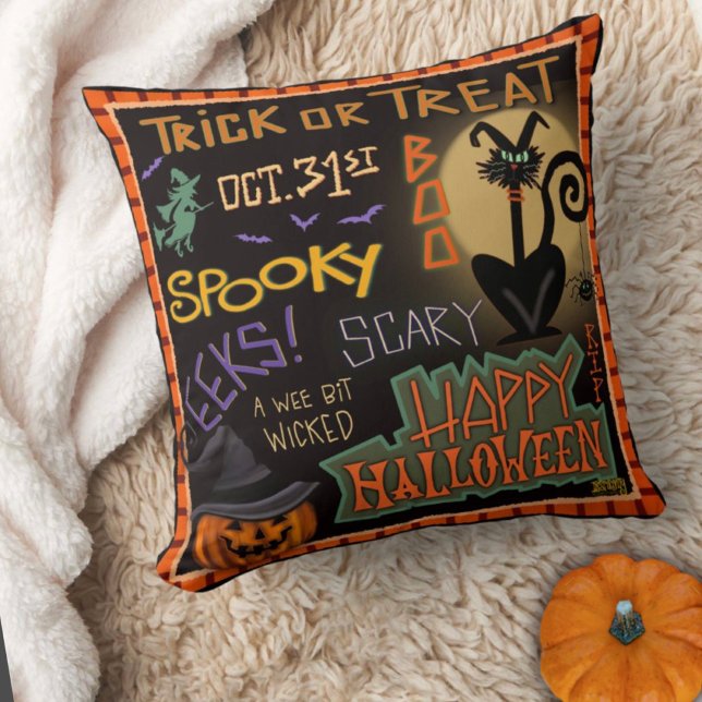 Almofada Pumpkin de Gato Preto, Bonito e Divertido (Fun Halloween pillow by Inspirivity)