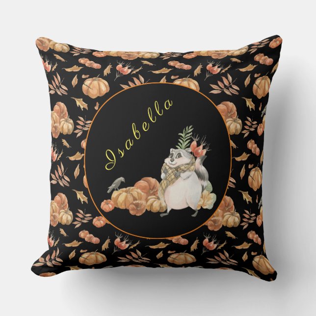 Almofada Pumpkin Raccoon Personalizar Texto, Cor 20"X20" (Frente)