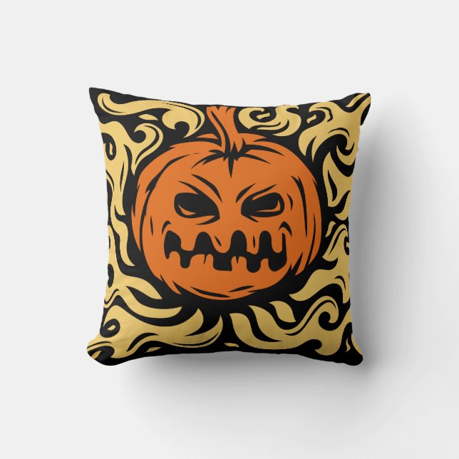 Almofada Pumpkin Spooky Burning com fundo preto (Frente)