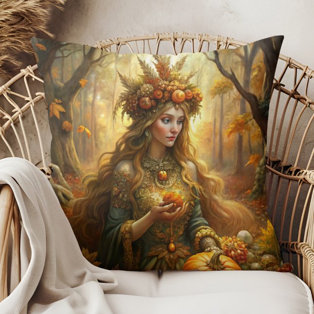 Almofada Pumpkin Witchcore - Cozy Autumn Witchcore (Pumpkin Witch Fairy – Cozy Autumn Witchcore Throw Pillow in a boho rattan armchair.)