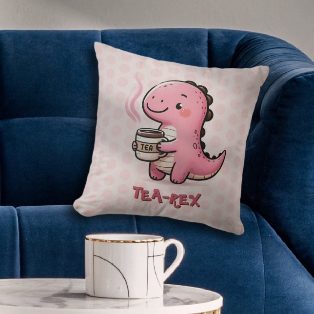 Almofada Pun Dinossauro Personalizável, Doce Tea-Rex (Sweet Tea-Rex Customizable Dinosaur Animal Pun Polka dot Throw Pillow)