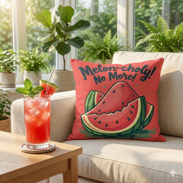 Almofada Punição Divertida de Melancia "Melon-choly Acabou" (Funny Watermelon Pun Melon-choly No More Throw Pillow Mockup A)