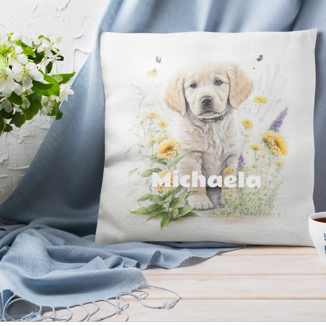 Almofada Pup Personalizado de Retriever de Aquarela em Flor (Criador carregado)