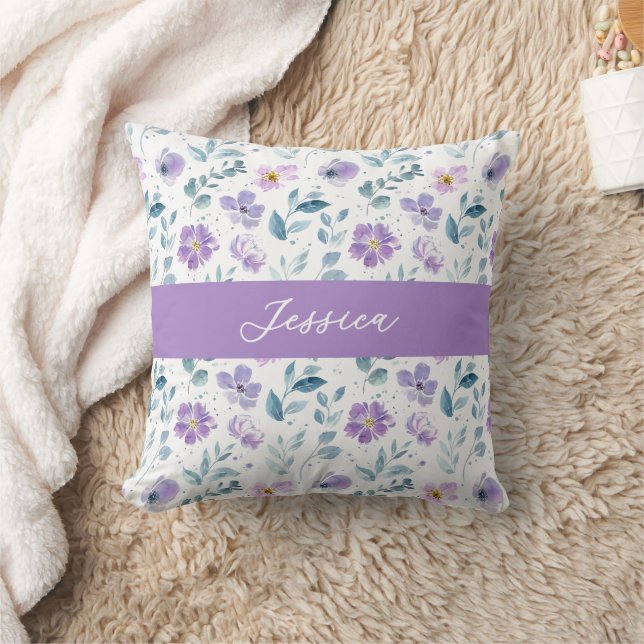 Almofada Purple Green Watercolor Wildflower Monogram Name (Cobertor)