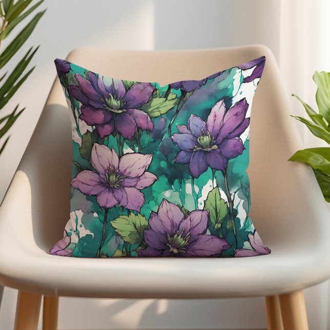 Almofada Purple Watercolor Foloral Verde Esmeralda (Purple flowers on emerald green decorator pillow)