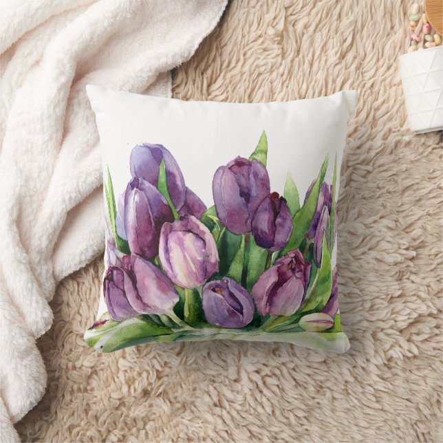 Almofada Púrpura Tulipas Floral De Aquarela (Cobertor)