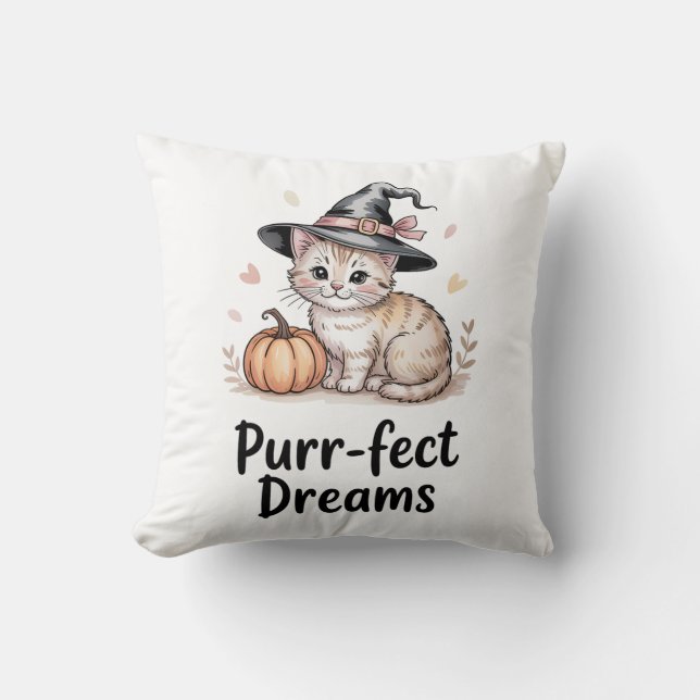Almofada Purr-fect Dreams Gato Bonito com Pumpkin Halloween (Frente)
