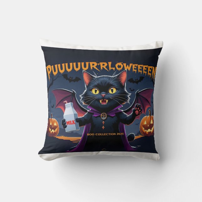 Almofada Puurrrlloween – Gato Vampiro Halloween Divertido (Frente)