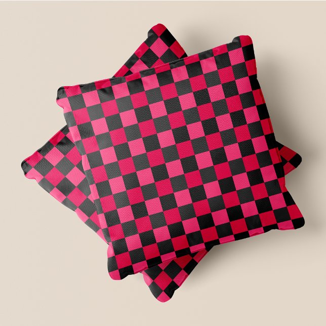 Almofada Quadrados Retro-Chic Retrópicos Rosa e Cinza (Pink & Grey Fun Retro Chic Checkered Squares Throw Pillow)