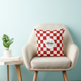 Almofada Quadrados xadrez Vermelho e Branco Monograma retrô