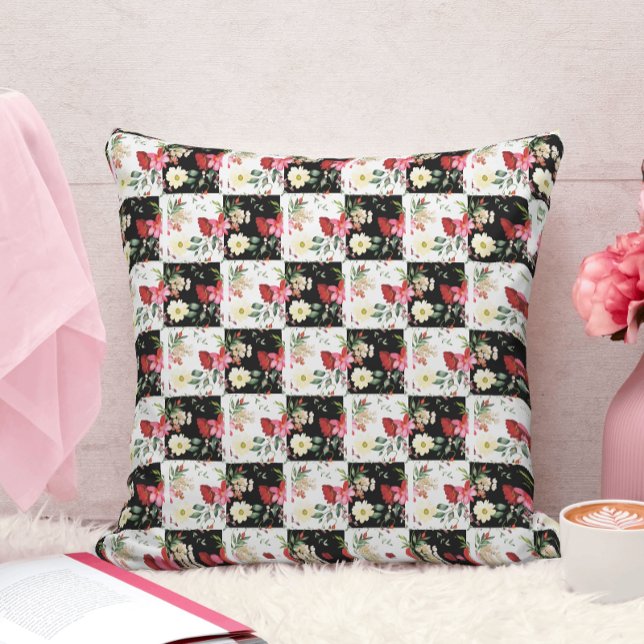 Almofada Quadro de verificação branco e preto floral cor-de (Criador carregado)