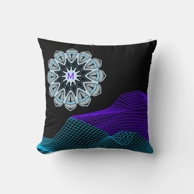 Almofada Quantum Abstract Mandala  Purple Blue Black Mngrm (Frente)