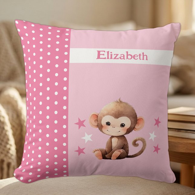Almofada Quarto de criança adicionar nome macaco fofo rosa (Criador carregado)