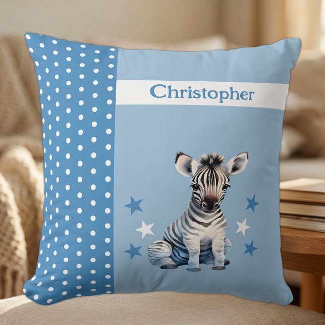 Almofada Quarto de criança adicione nome zebra azul fofo (Criador carregado)