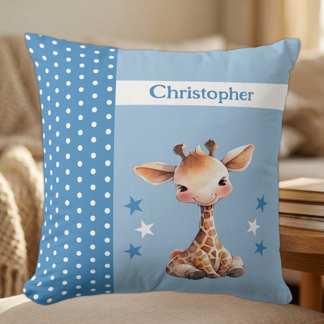 Almofada Quarto infantil adicionar nome girafa azul fofo (Criador carregado)