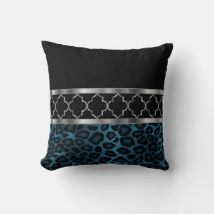 Almofada Quatrefoil Azul, Preto e Prateado e Leopardo