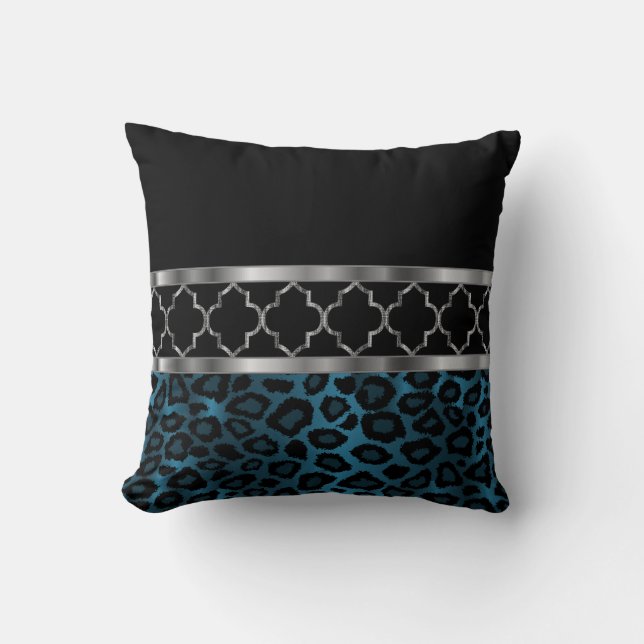 Almofada Quatrefoil Azul, Preto e Prateado e Leopardo (Frente)