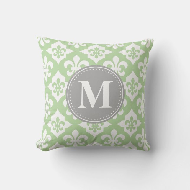 Almofada Quatrefoil Fleur-De-Lis Mint Cinza Verde Monograma (Frente)