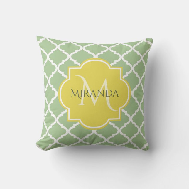 Almofada Quatrefoil Verde Chic Pastel Nome Amarelo Monogram (Frente)