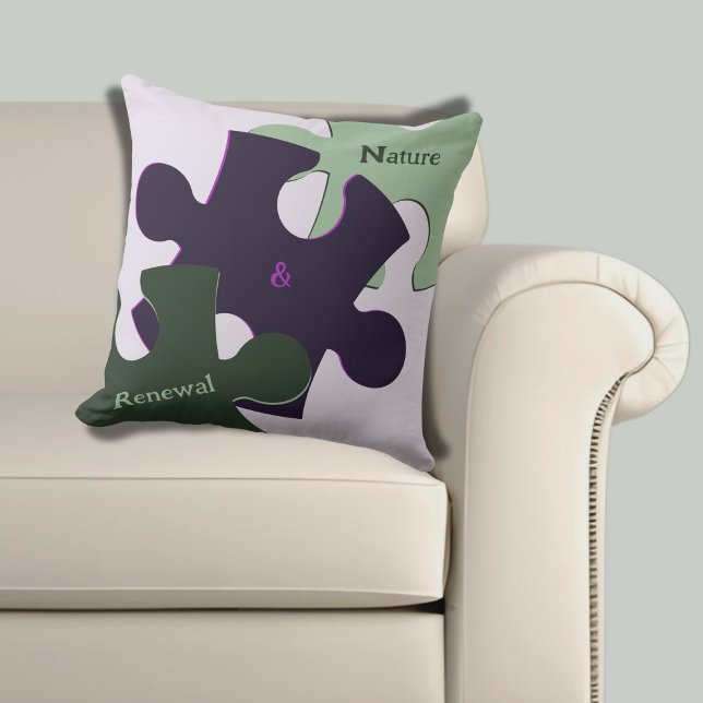 Almofada Quebra-cabeça Divertido Roxo Verde Natureza & Reno (Purple Green Nature & Renewal Jigsaw Puzzle Throw Pillow)