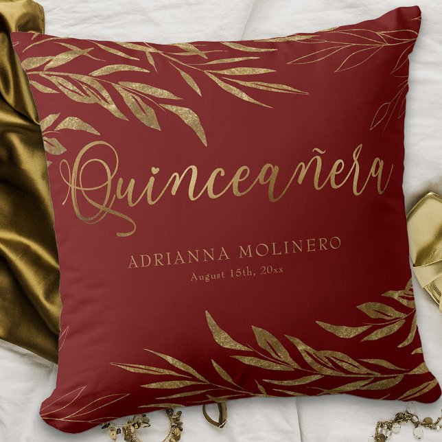 Almofada Quinceana Personalizada Elegante Vermelha e Folha  (Red Quinceanera keepsake pillow from my Gold Leaf Quinceanera Collection)